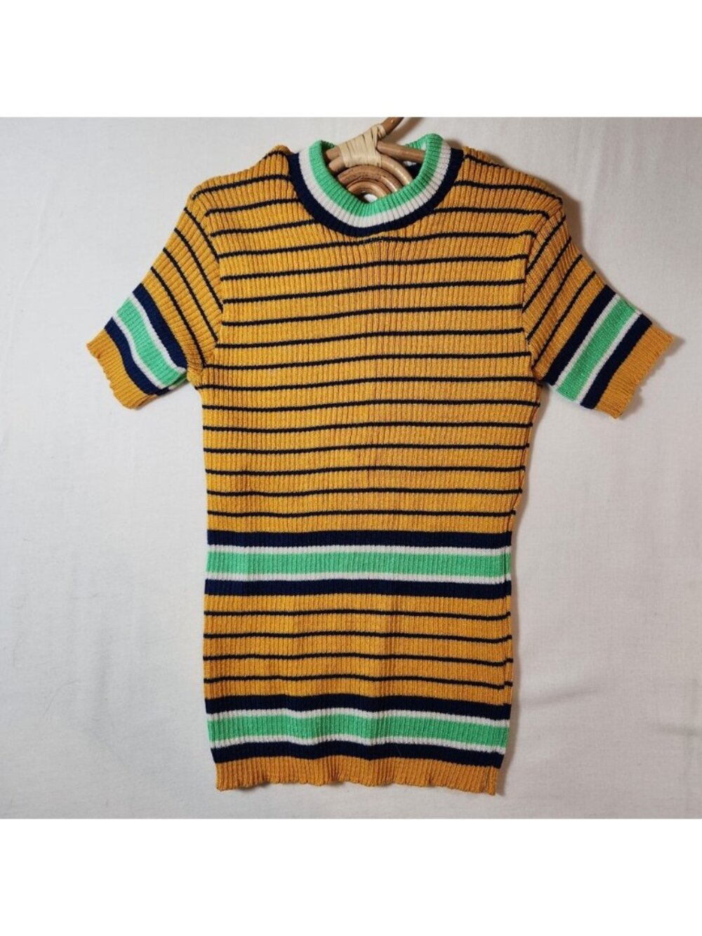 Vintage 70s Celesta Striped KnitTop Yellow Green Blue Ribbed Age 8-9
